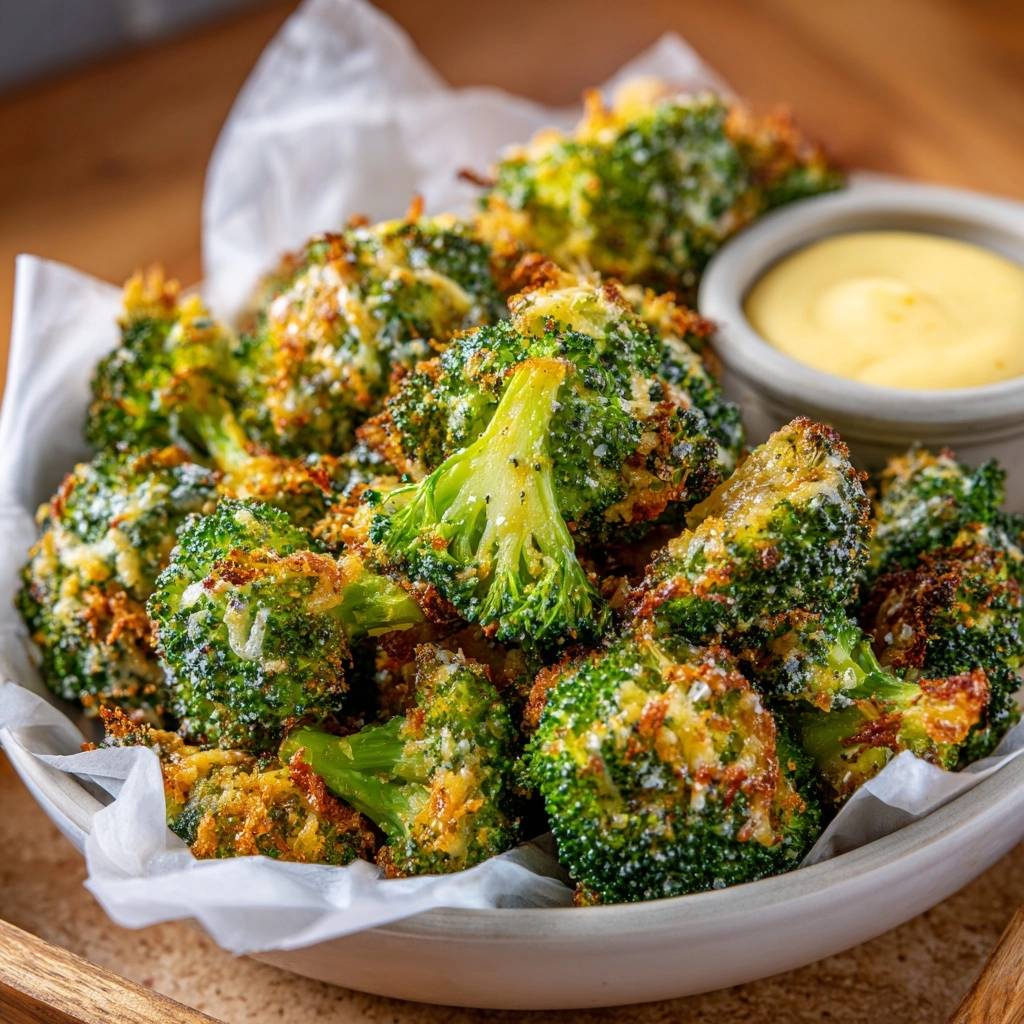 Crispy Parmesan Broccoli Bites served in a white bowl with a side of dipping sauce, showing the texture of the bites.