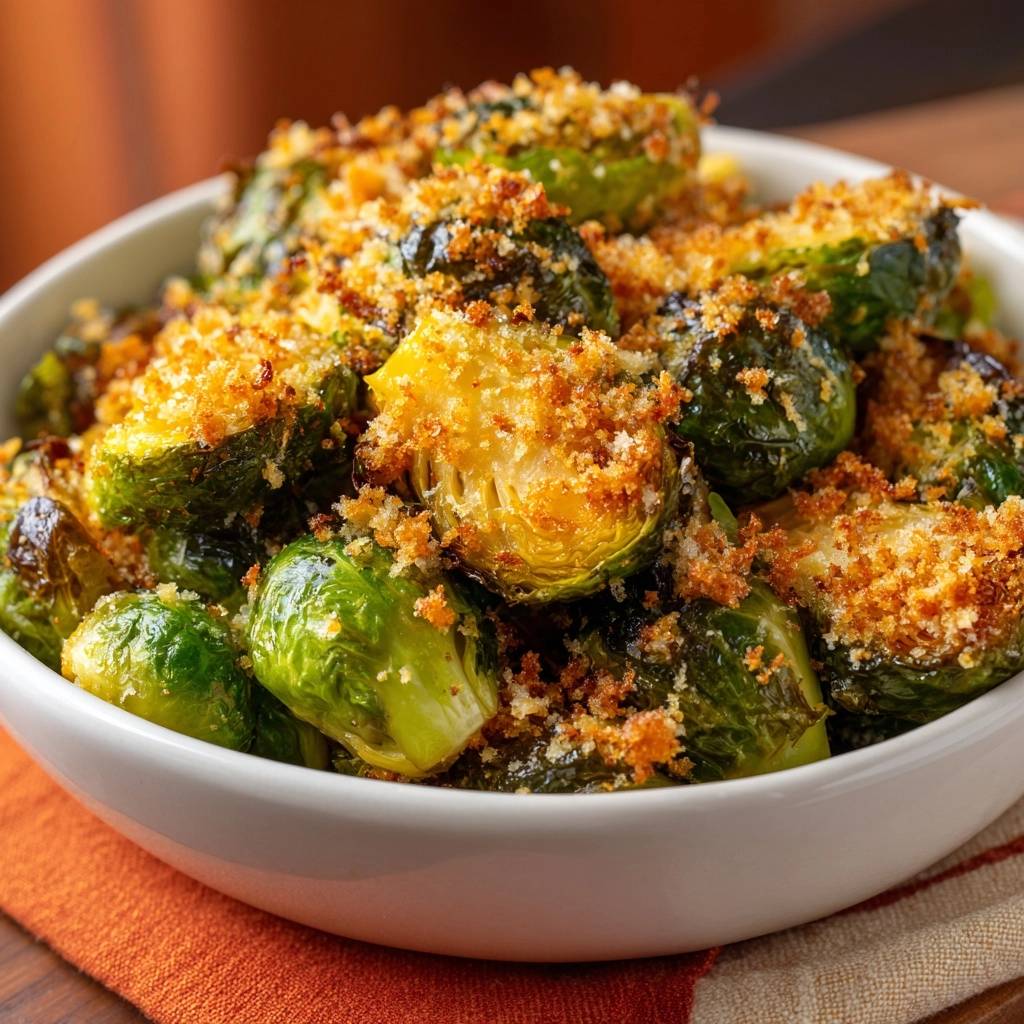 Crispy parmesan brussels sprouts recipe shown in a white bowl with a close-up view of the toasted breadcrumb topping.