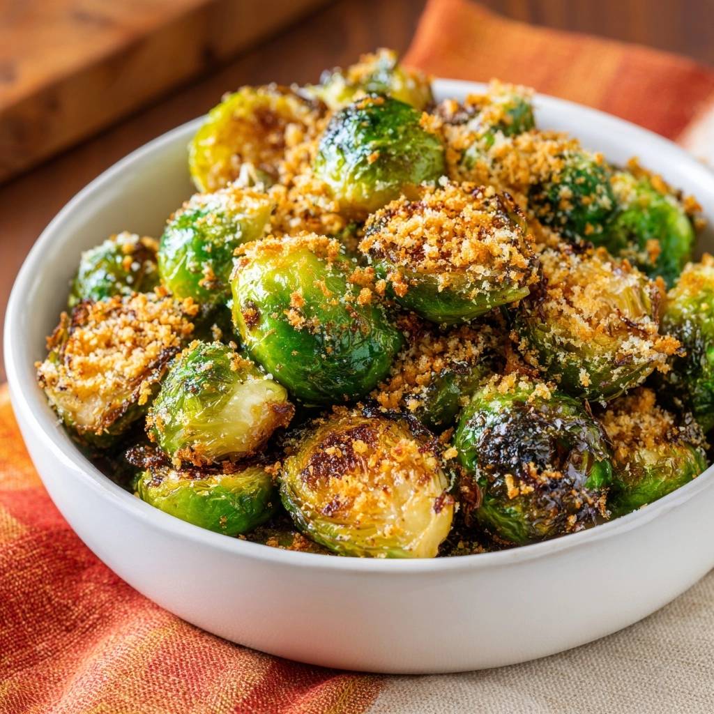 Crispy parmesan brussels sprouts recipe shown in a white bowl with a close-up view of the breadcrumb topping.