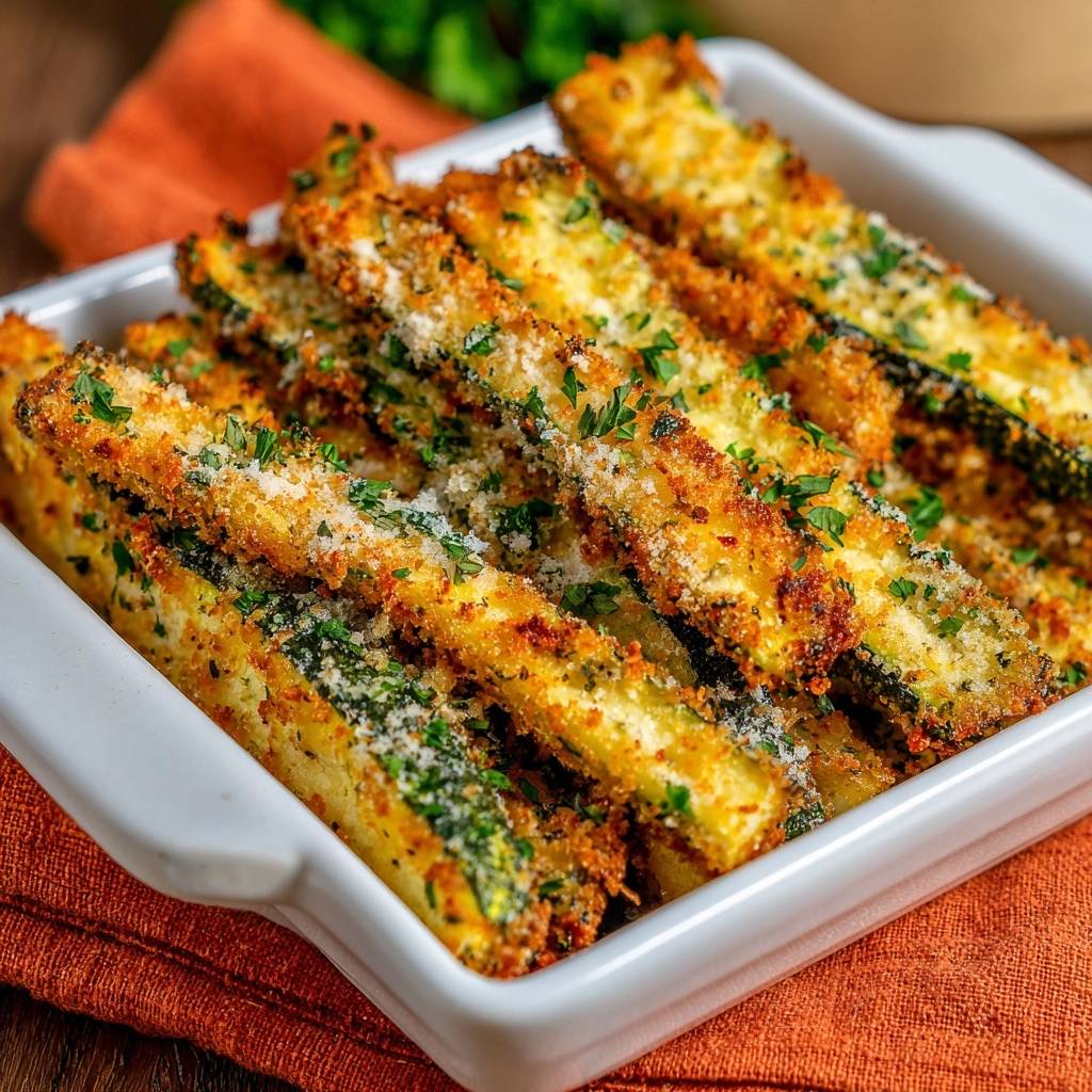 Crispy Parmesan Zucchini Fries served in a white baking dish, sprinkled with fresh parsley.