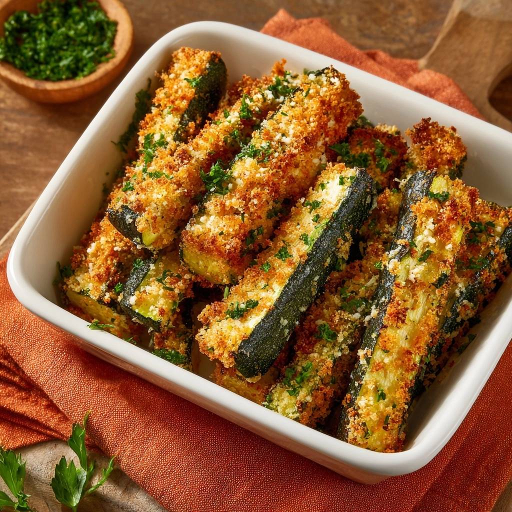 Crispy Parmesan Zucchini Fries are served in a white dish, showcasing their golden breadcrumb coating and fresh parsley garnish.