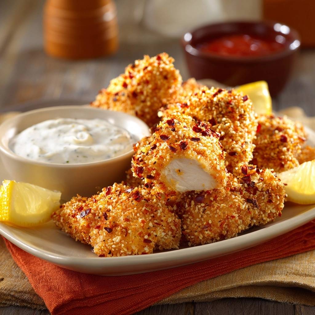 Crispy sesame chili chicken bites shown in a close-up cross-section revealing the tender interior and seasoned coating.
