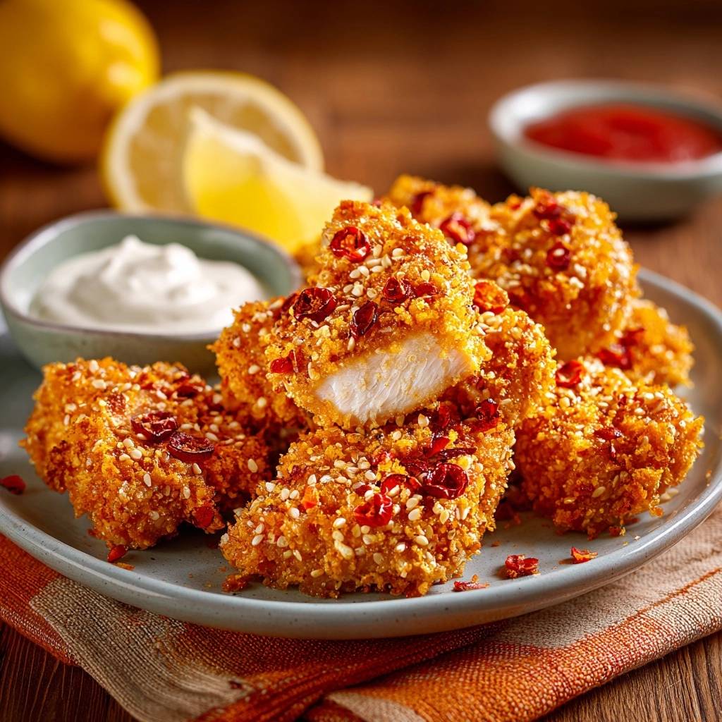 Crispy sesame chili chicken bites shown in a close-up cross-section revealing the tender white chicken inside.