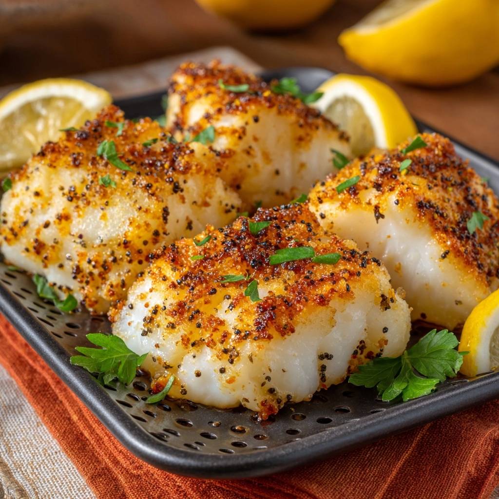 Crispy sesame crusted cod fillets served on a black plate with lemon wedges and parsley garnish.