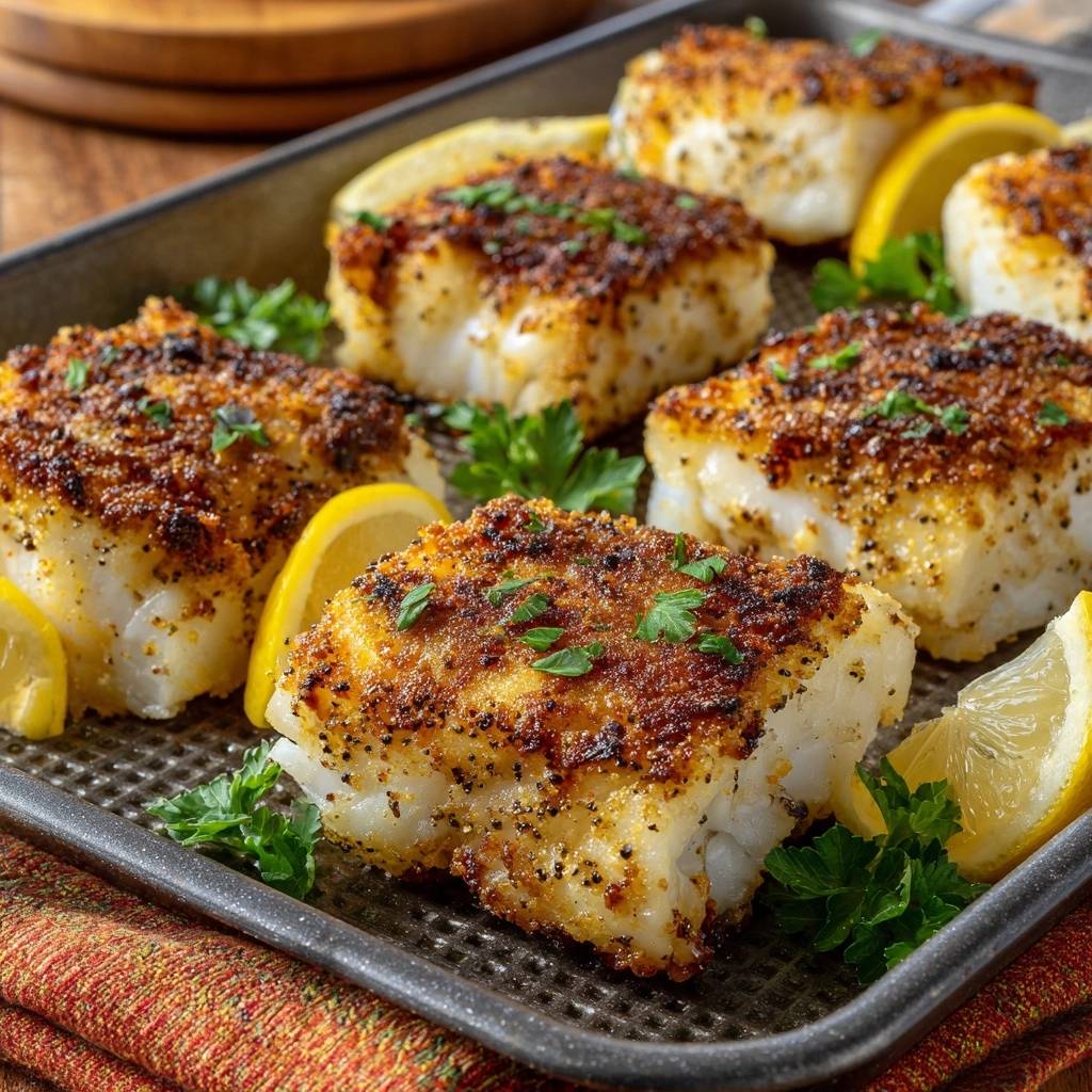 Crispy sesame crusted cod fillets are arranged on a baking tray with lemon wedges and parsley garnish.