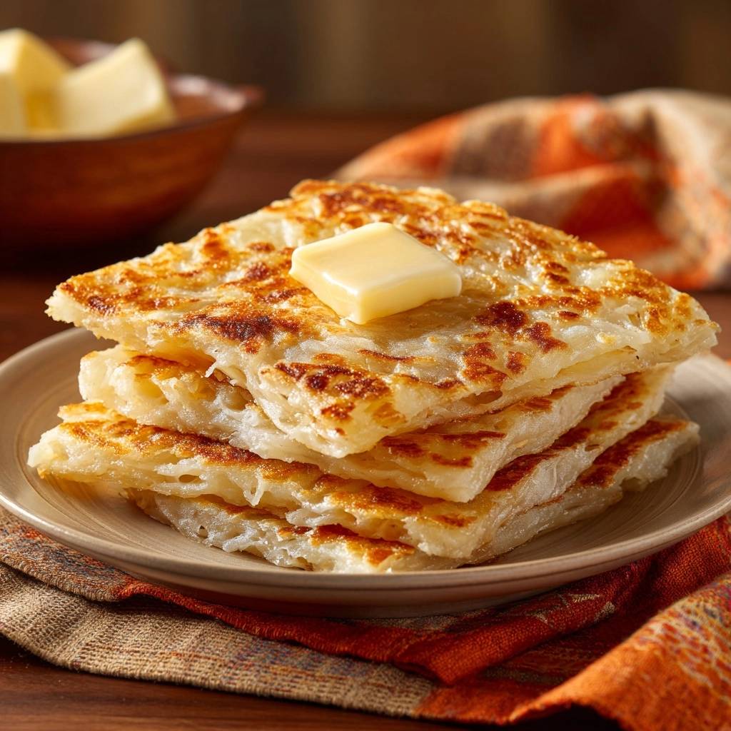 Crispy shredded potato pancakes with crunchy edges and tender centers, topped with a pat of butter.