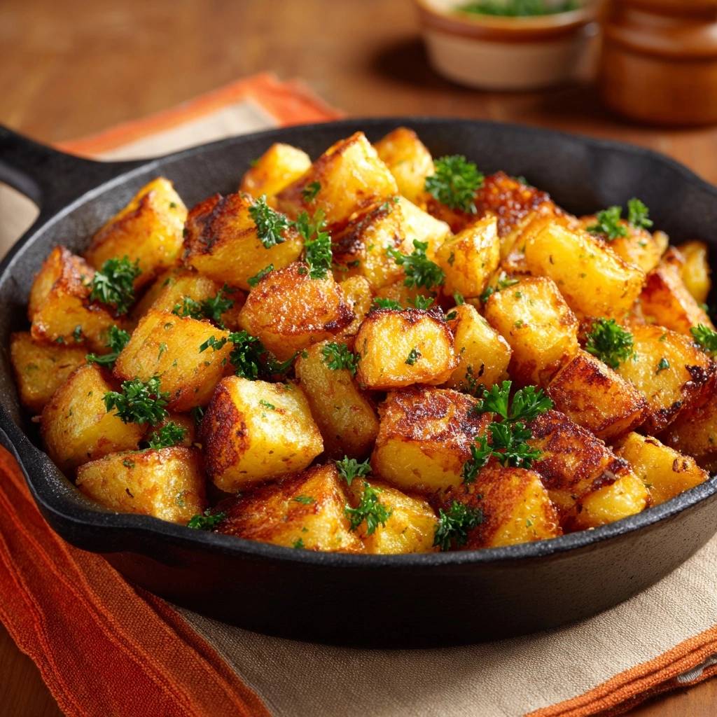 Crispy skillet potatoes with fresh parsley garnish in a black cast iron pan.