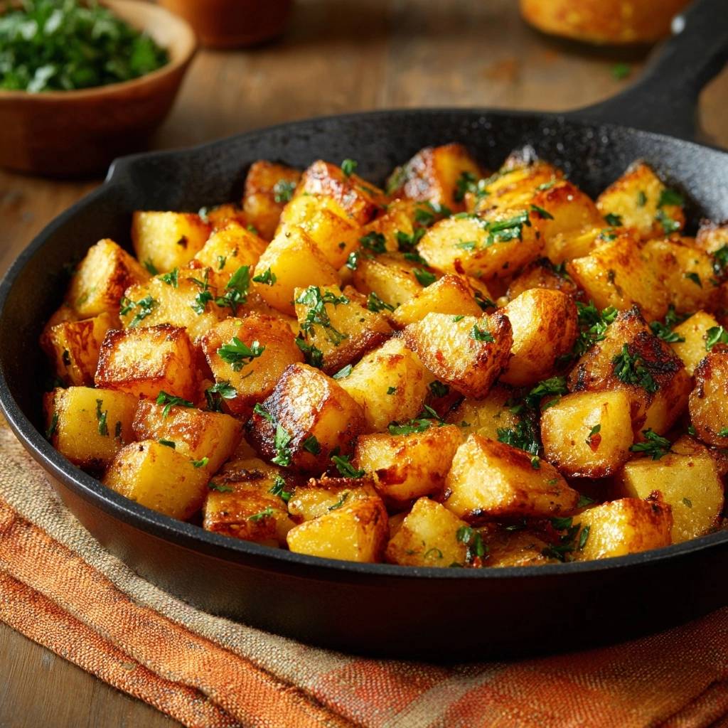 Crispy skillet potatoes generously garnished with fresh parsley, served warm in a cast iron pan.