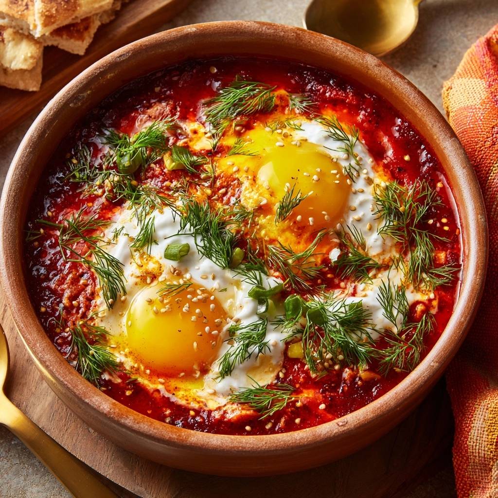 Dill Shakshuka with Yogurt served in a rustic bowl, garnished with fresh dill and sesame seeds.