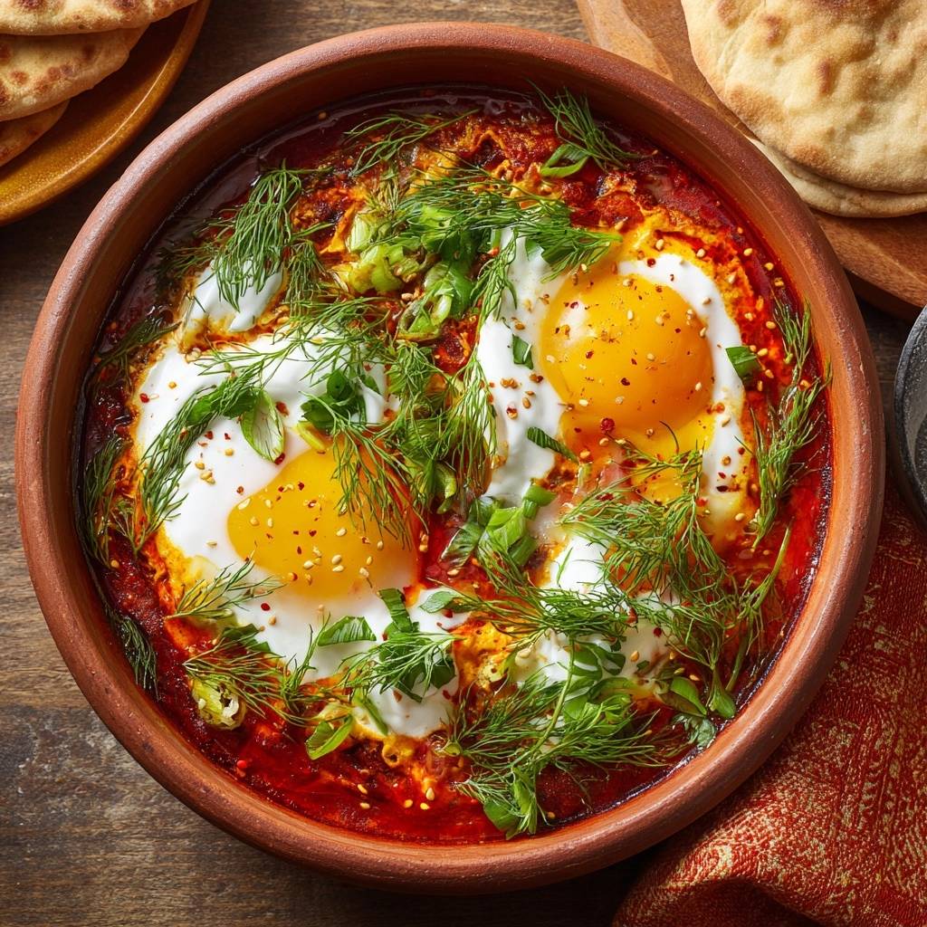 Dill shakshuka with yogurt served in a rustic bowl, garnished with fresh dill and green onions, overhead view.