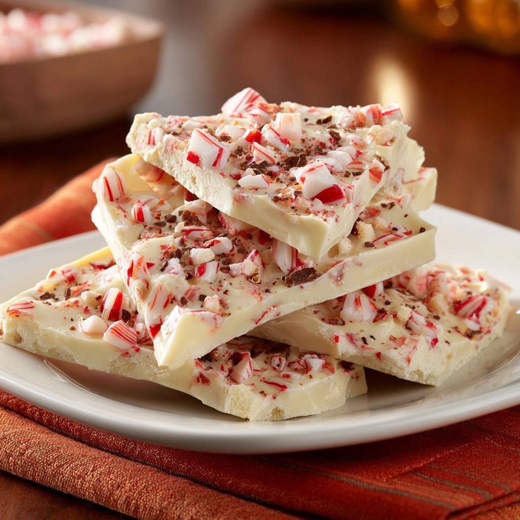 Festive peppermint white chocolate bark stacked on a white plate, showcasing crushed candy cane pieces and chocolate shavings.