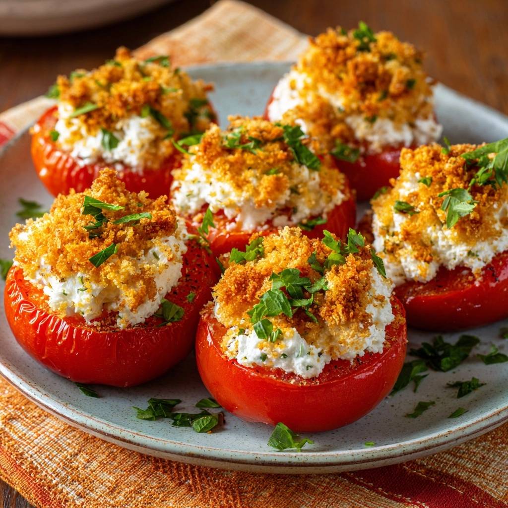 Crispy feta stuffed tomatoes are shown in a close-up view, topped with breadcrumbs and fresh parsley.