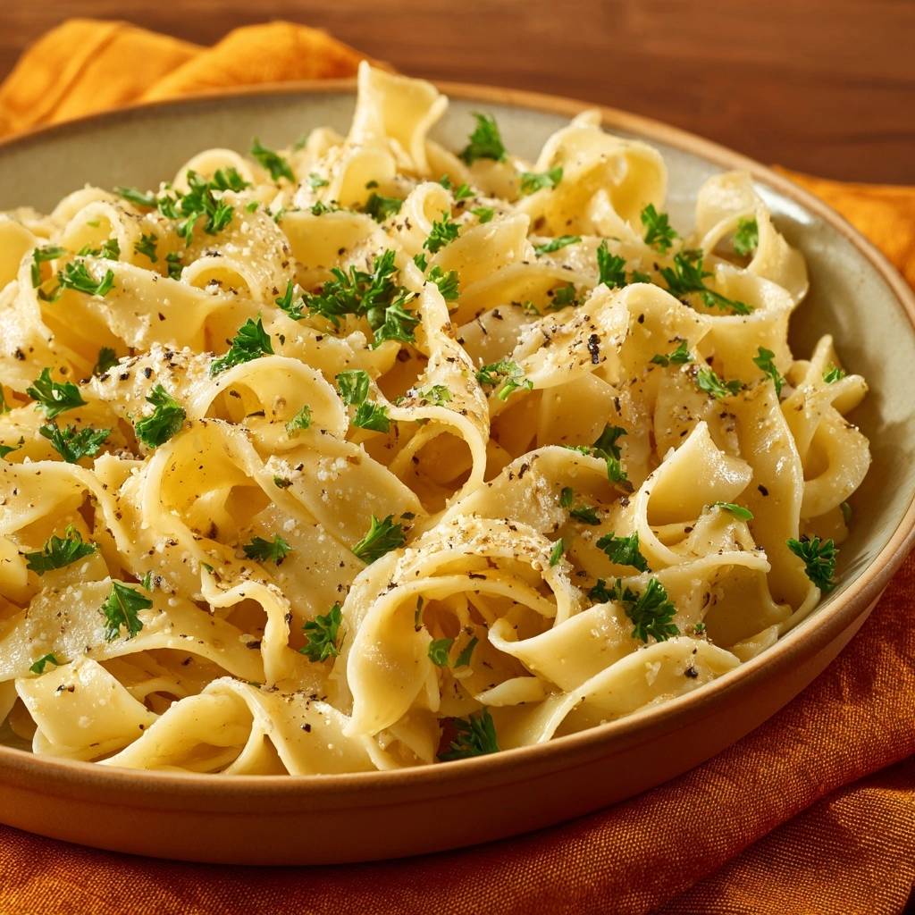 Fettuccine Alfredo with unbreakable creamy sauce, garnished generously with fresh parsley and black pepper.