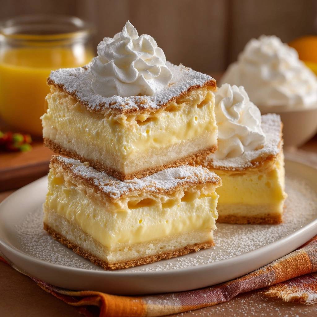 Flaky custard squares are stacked and dusted with powdered sugar, showing a creamy filling in a close-up cross-section view.