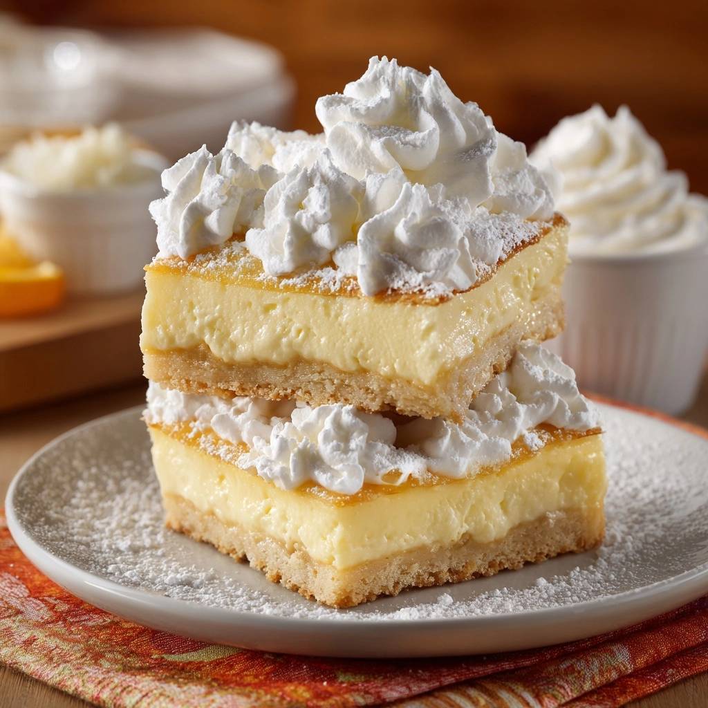 Flaky custard squares stacked on a white plate, topped with whipped cream and dusted with powdered sugar.