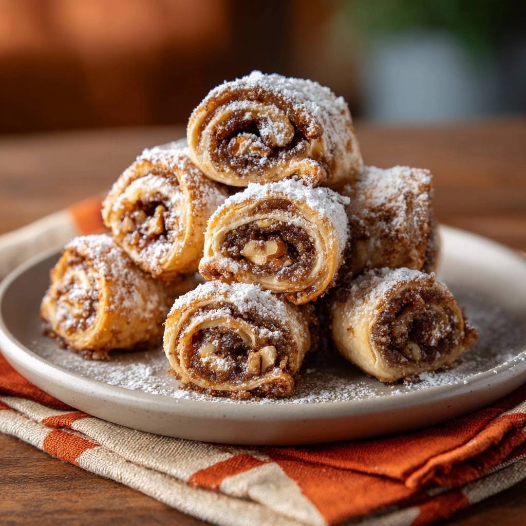 Flaky walnut-date phyllo rolls close-up pile, dusted with powdered sugar, showing the layered pastry and nutty filling.