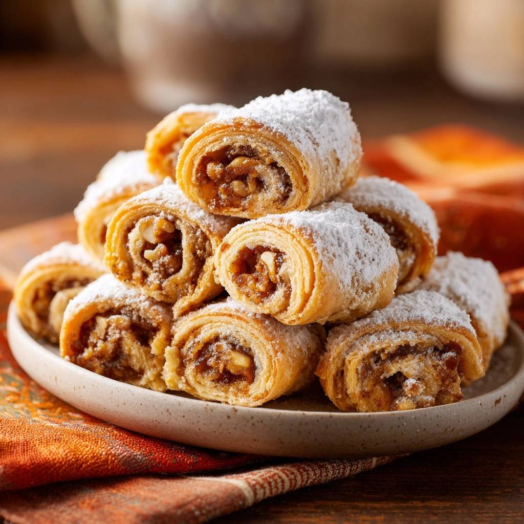 Flaky walnut-date phyllo rolls dusted with powdered sugar, showcasing their rolled layers and nutty filling.