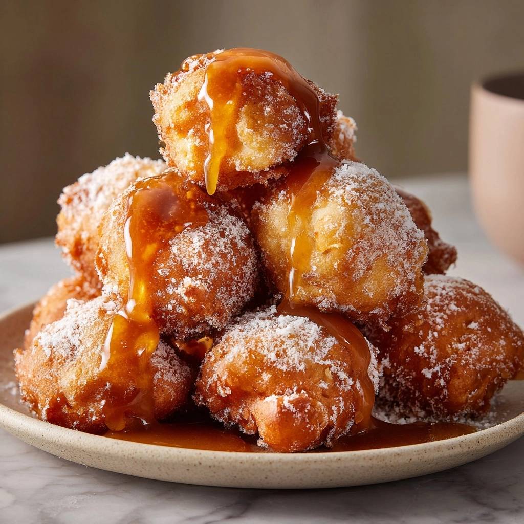 Fluffy beignets with caramel drizzle are stacked high and dusted with powdered sugar in a close-up view.