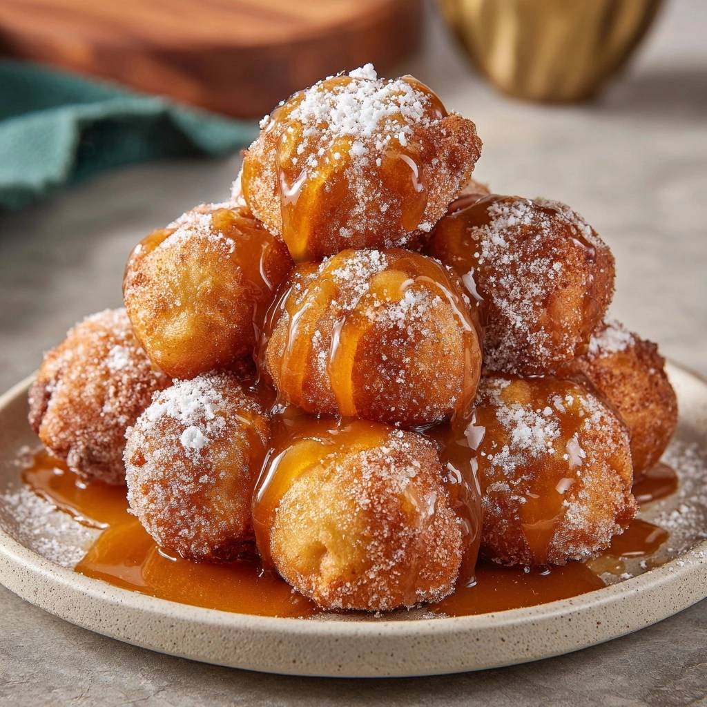 Fluffy beignets with caramel drizzle piled high on a plate, dusted with powdered sugar.