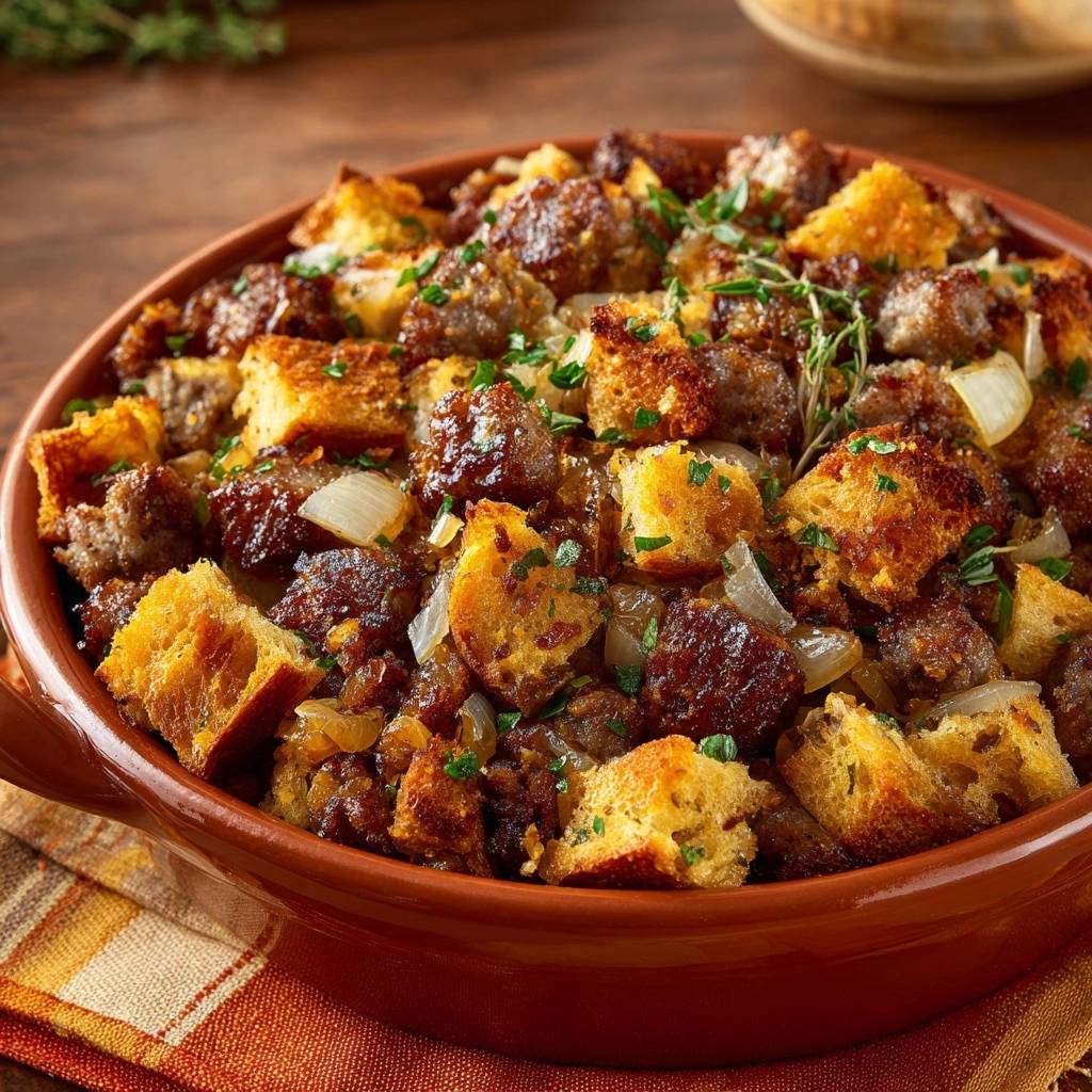 French onion meatball stuffing bake shown in a rustic brown dish with visible bread cubes, sausage, and onions.