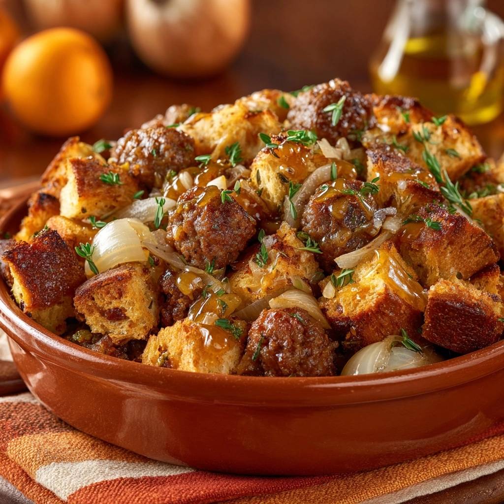French onion meatball stuffing bake presented in a rustic brown dish, showcasing a hearty mix of bread cubes, meatballs, and onions.