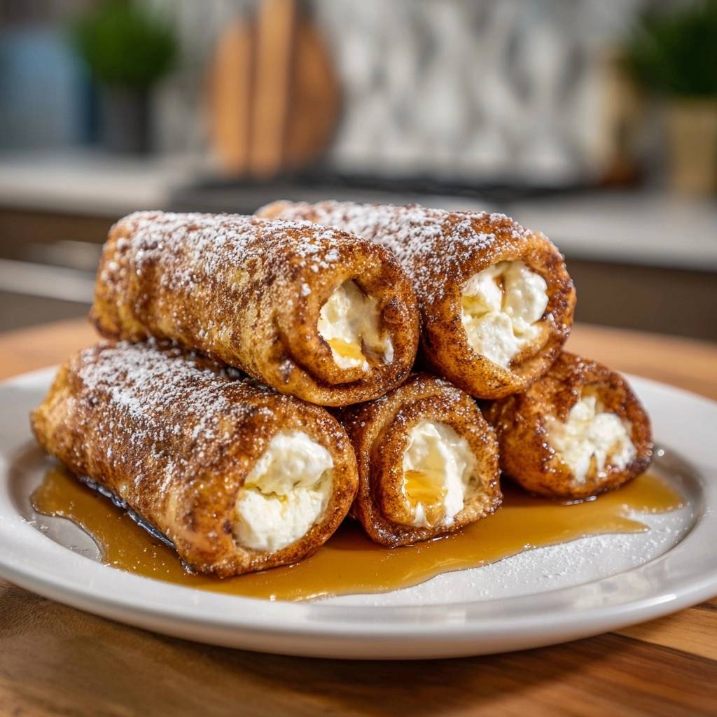 Crispy cream-filled French toast roll-ups stacked on a white plate with syrup and powdered sugar.