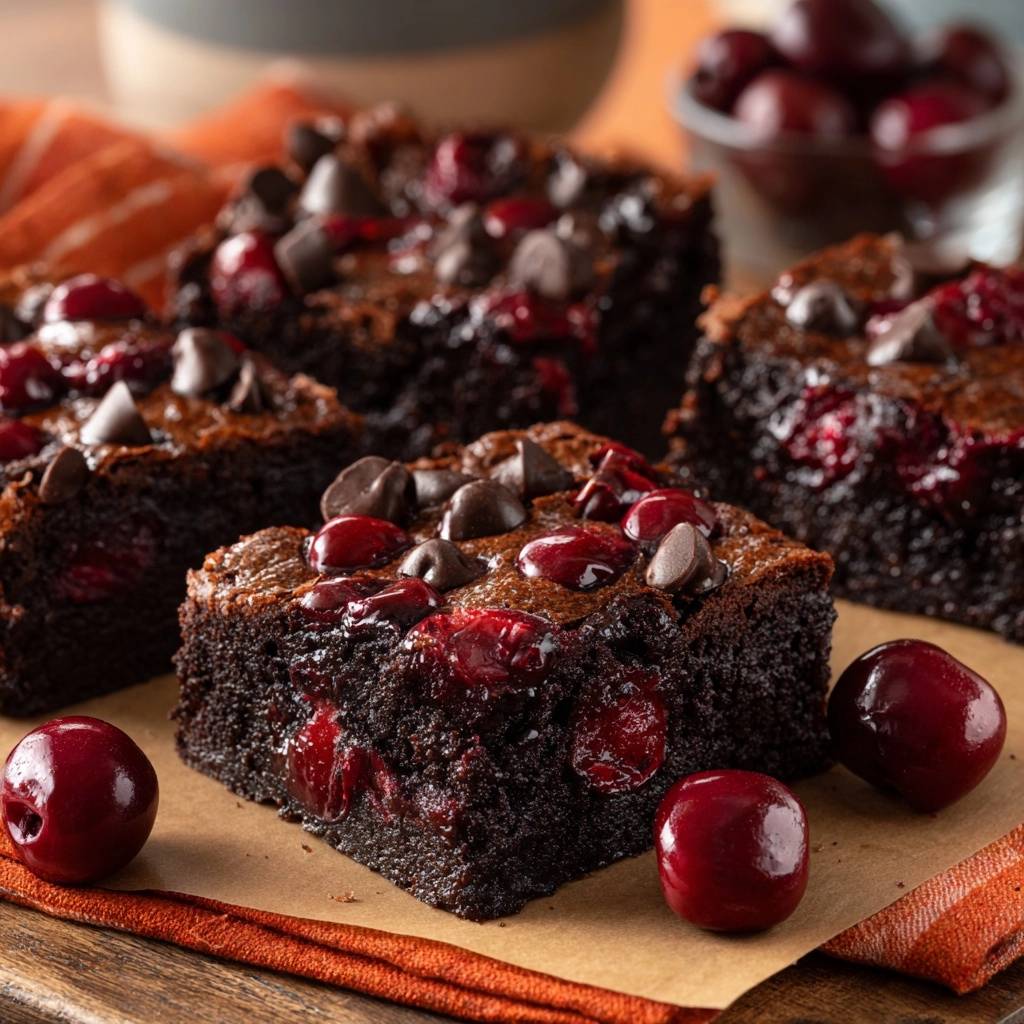 Fudgy cherry chocolate brownies shown in a close-up view with fresh cherries and chocolate chips visible.