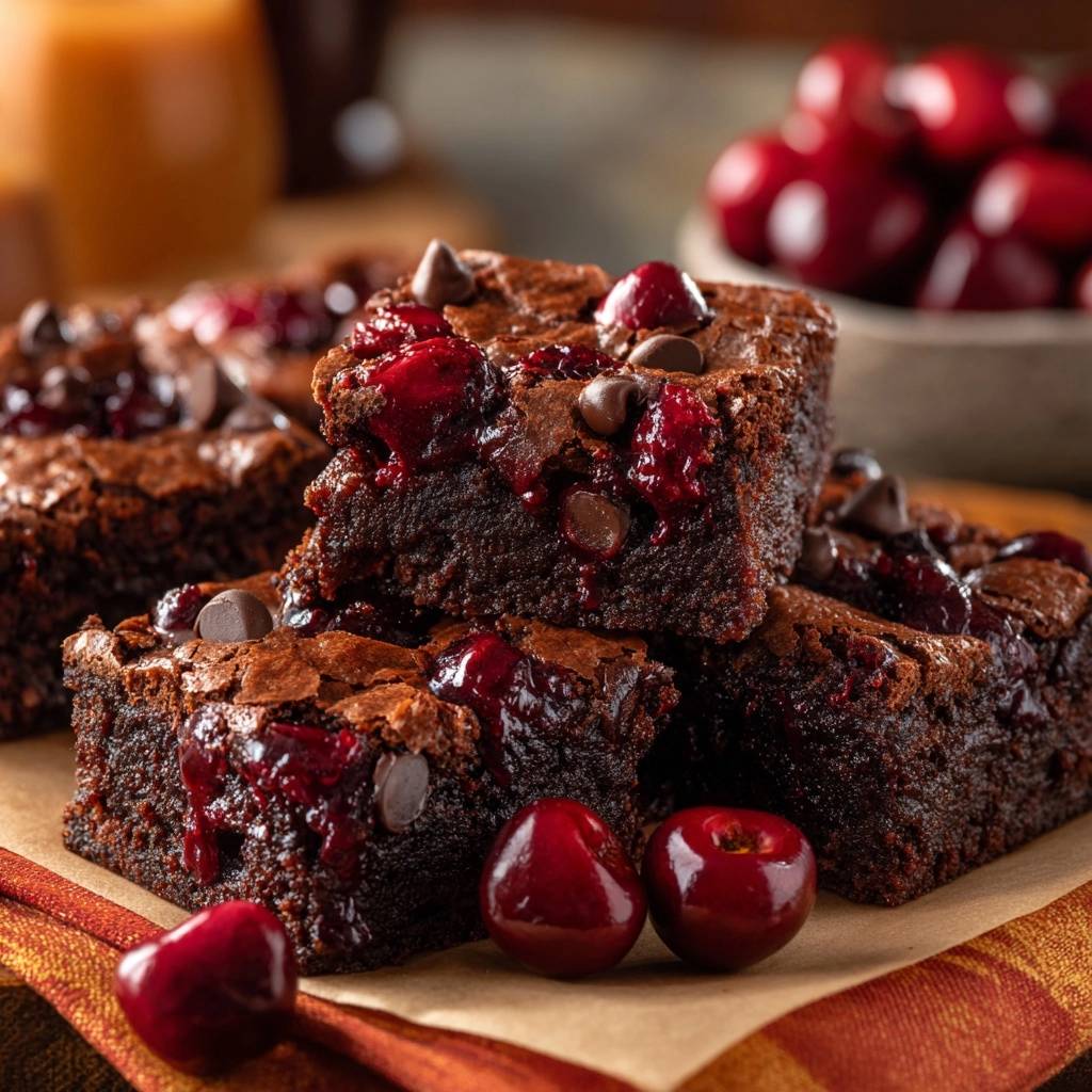 Fudgy cherry chocolate brownies shown in a close-up stack with whole cherries and chocolate chips.