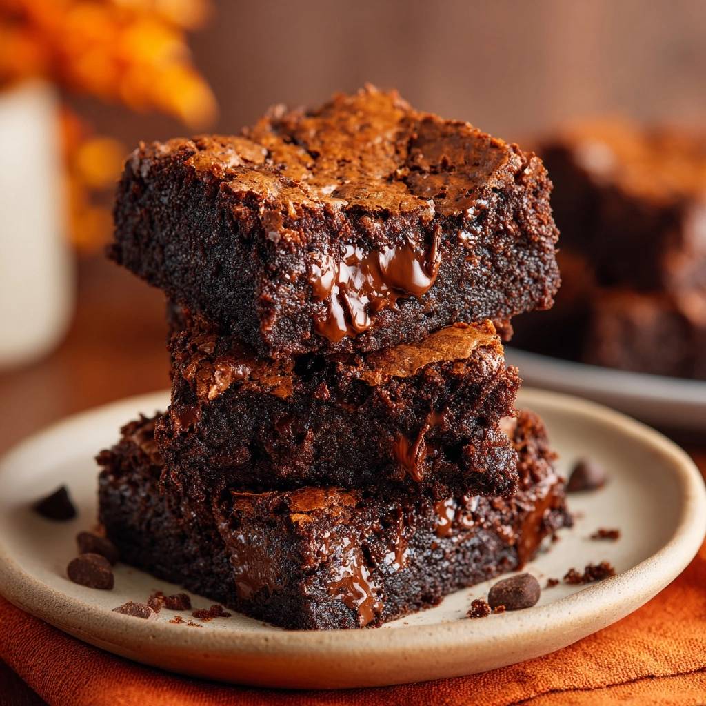 Fudgy gooey brownies stacked on a plate, showing melted chocolate dripping down the sides.