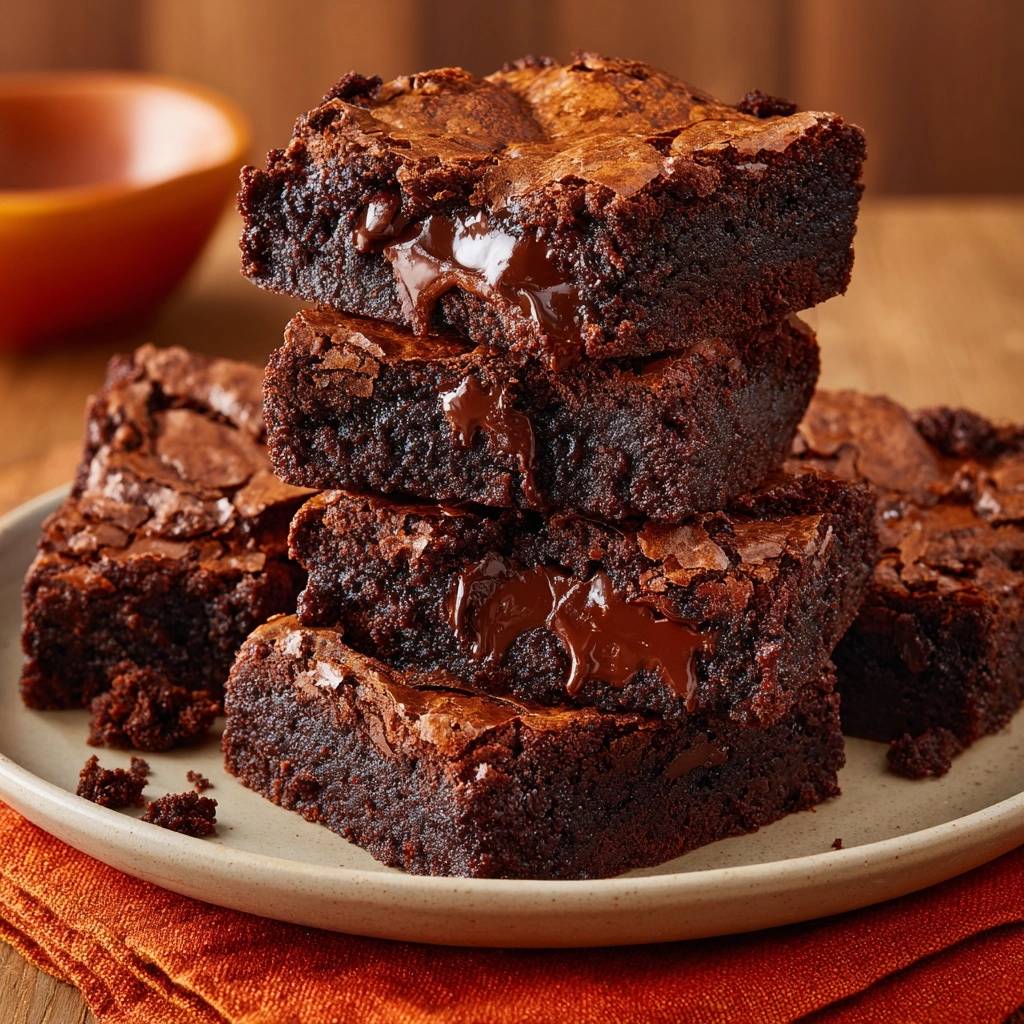 Fudgy gooey brownies stacked on a plate, showing their moist, molten chocolate centers.