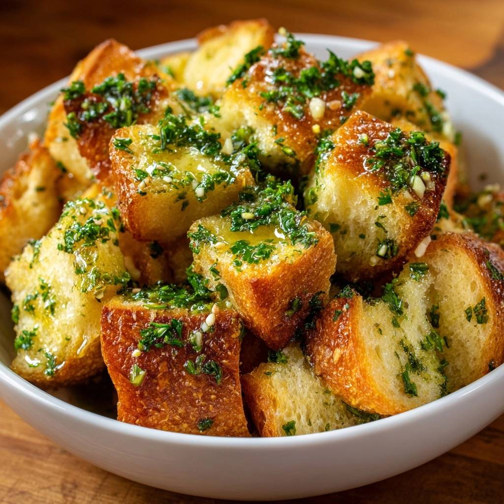 Crispy garlic parsley croutons piled high in a white bowl, glistening with oil and herbs.