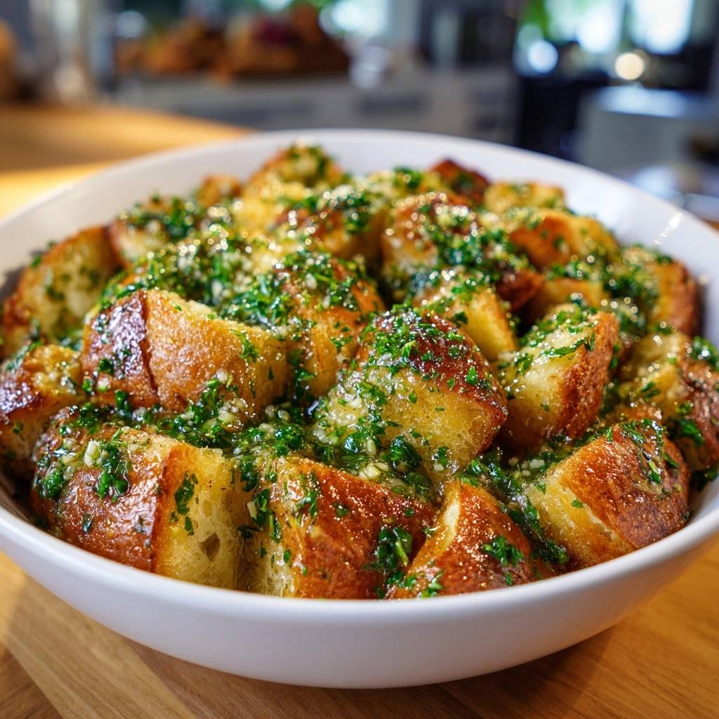 Crispy garlic parsley croutons shown in a white bowl, coated in glistening herbs and oil.