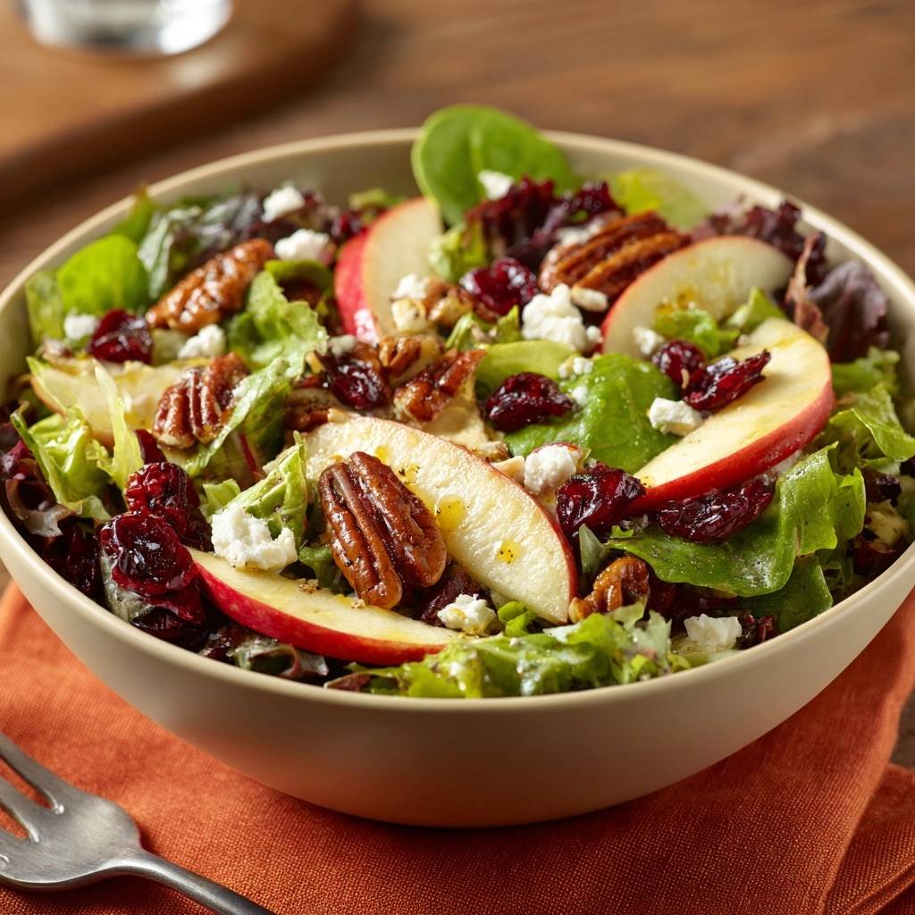 Glazed apple pecan salad in a bowl, showcasing sliced apples, pecans, cranberries, and feta cheese with a light dressing.
