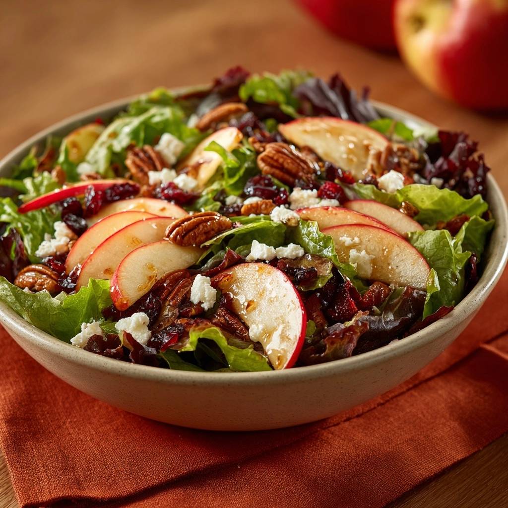 Glazed apple pecan salad served in a bowl, featuring sliced apples, pecans, cranberries, and feta cheese.