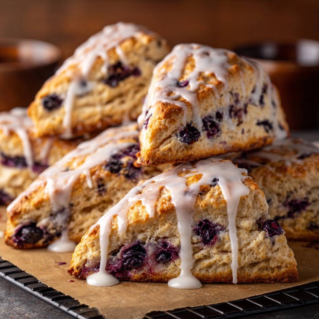 Glazed blueberry scones with a close-up view of the white icing drizzling down the flaky layers.