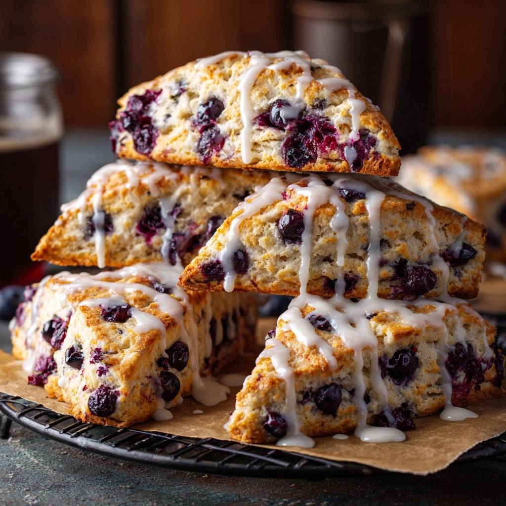 Glazed blueberry scones stacked artfully on a cooling rack, showcasing their flaky layers and blueberry filling.