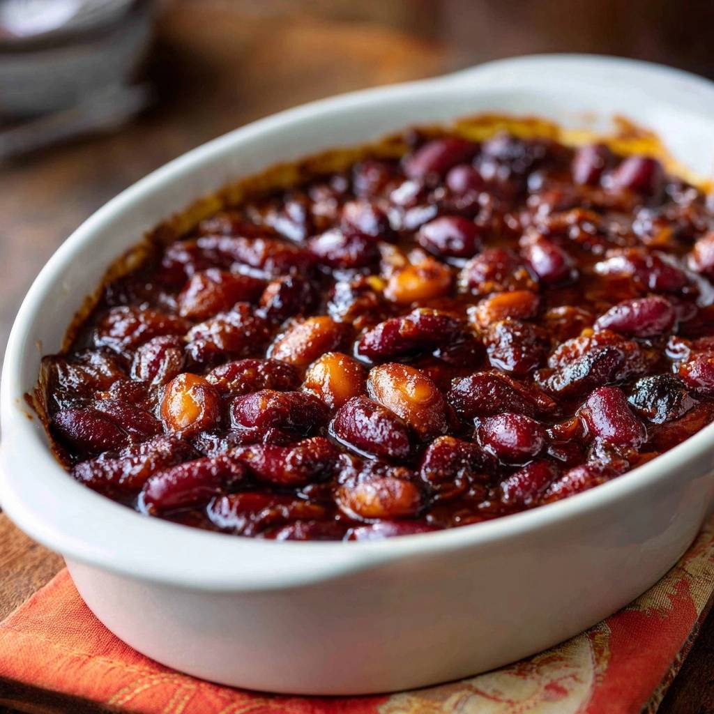Glazed kidney and corn baked beans in a white casserole dish, showing a close-up view of the rich, saucy texture.
