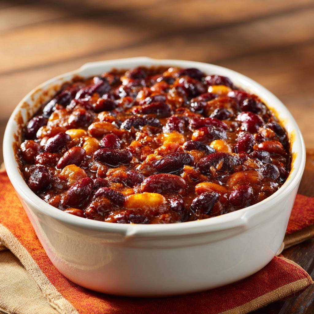 Glazed kidney and corn baked beans dish in a white casserole dish, presented with a close-up view.