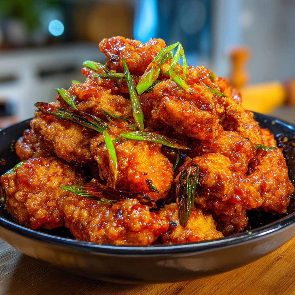 Crispy Gochujang Chicken Bites recipe shown in a black bowl, generously garnished with fresh green scallions.