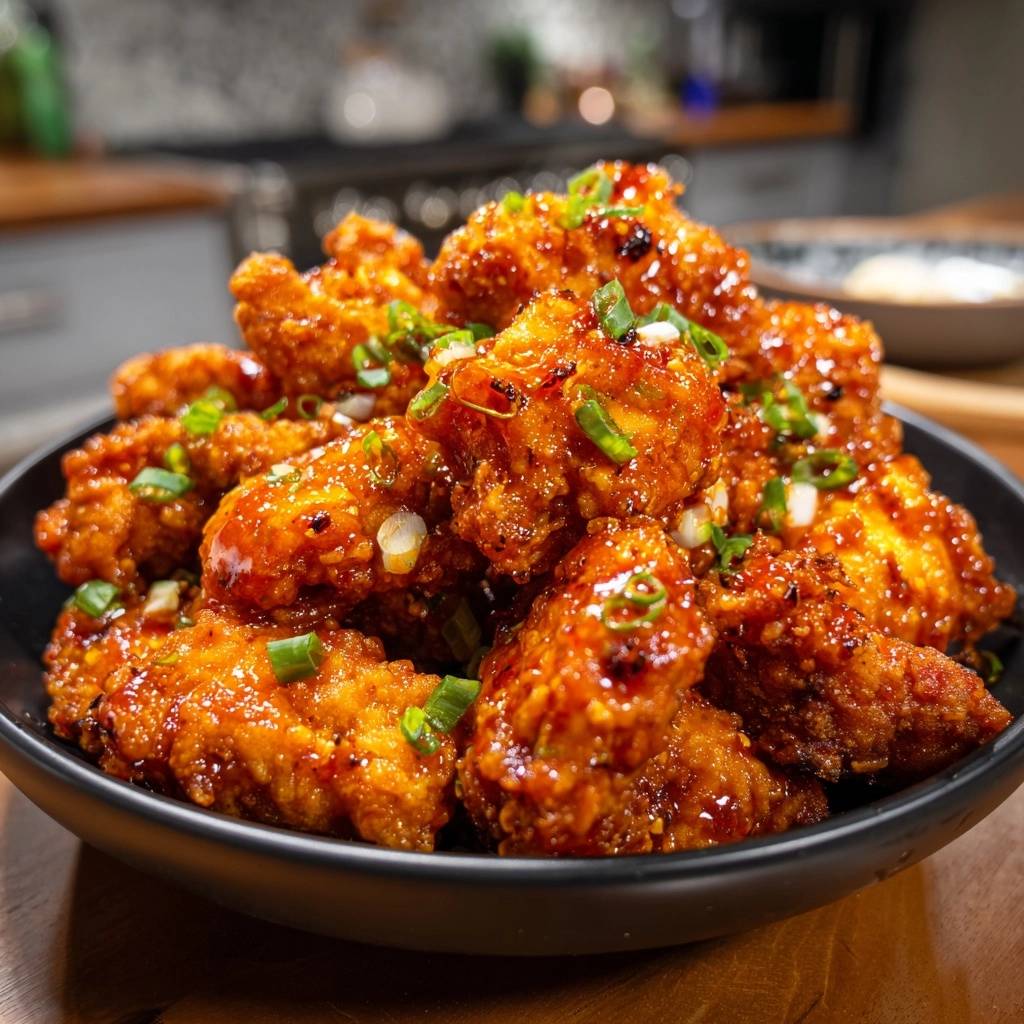 Crispy gochujang chicken bites generously garnished with chopped green onions in a black bowl.
