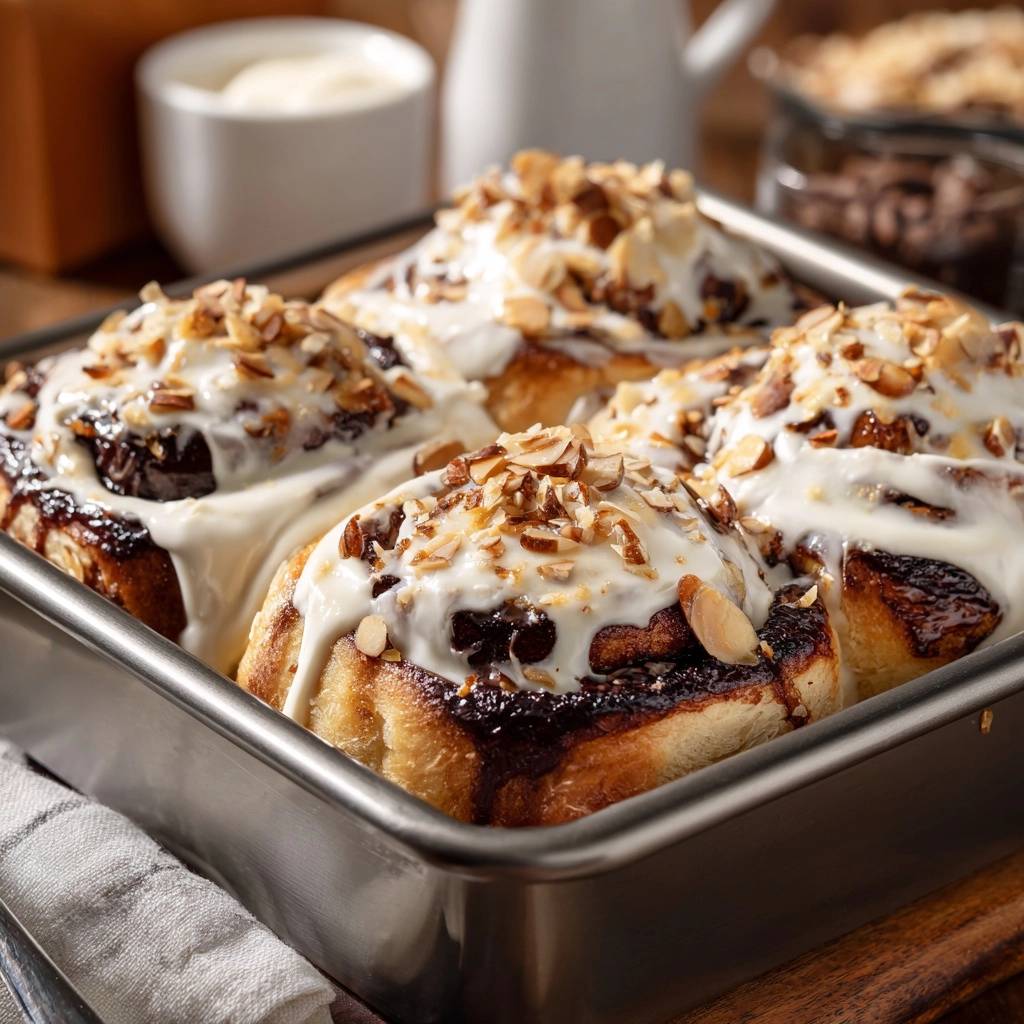 Gooey almond cinnamon rolls freshly baked in a pan, topped with cream cheese frosting and toasted almonds.