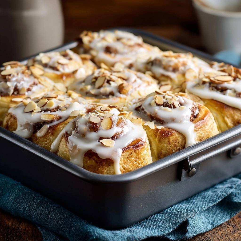 Gooey almond cinnamon rolls topped with creamy white icing and slivered almonds in a baking pan.