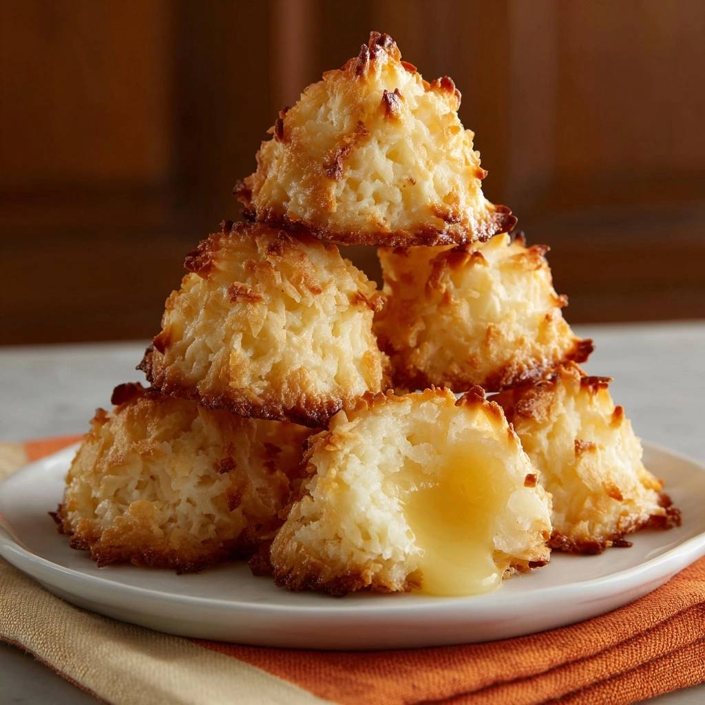 Gooey lemon coconut macaroons recipe showing a close-up cross-section with a thick, golden lemon filling oozing out.