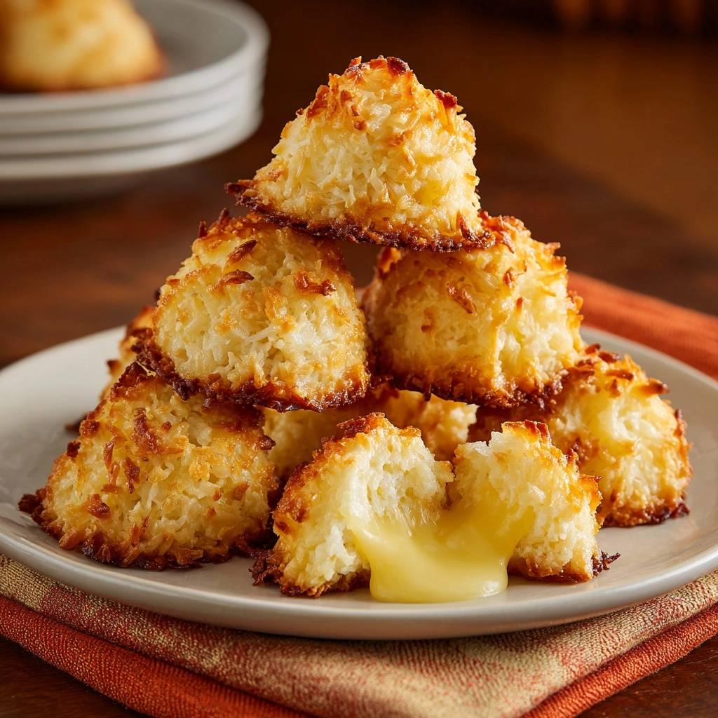 Gooey lemon coconut macaroons cross-section revealing a melted, gooey lemon filling inside the toasted coconut cookies.