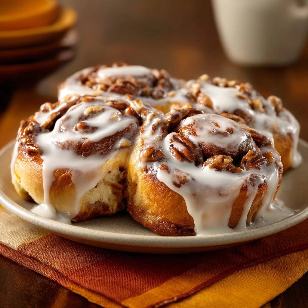 Gooey pecan cinnamon rolls with tangzhong magic showing a close-up of the dripping white glaze and toasted nuts.
