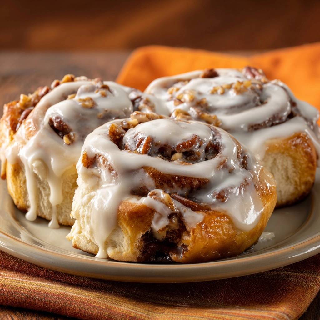 Gooey pecan cinnamon rolls with tangzhong magic, showcasing a close-up view of the rich white glaze and chopped nuts.