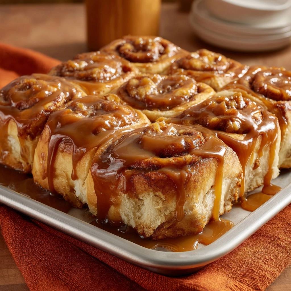 Gooey pecan sticky buns with a rich caramel drizzle, presented in a baking pan on an orange napkin.