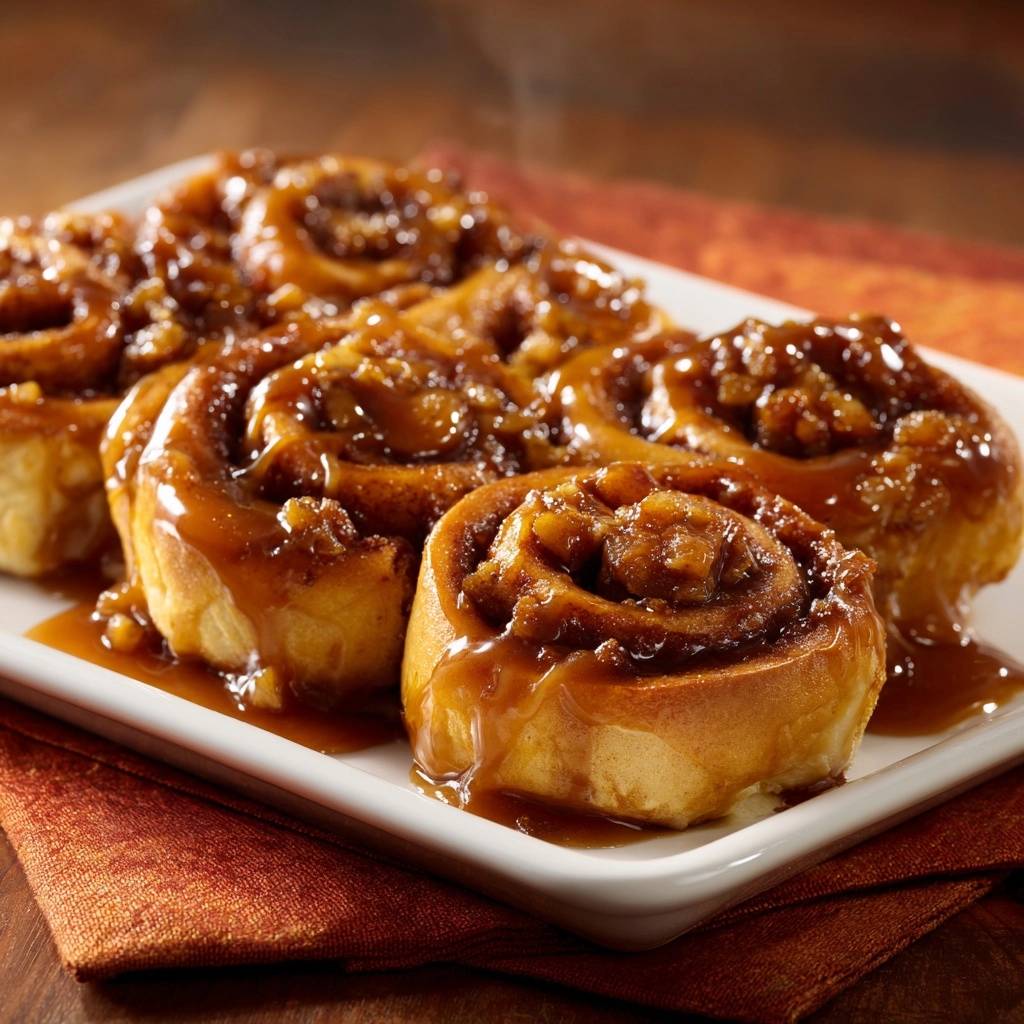 Gooey pecan sticky buns with thick caramel glaze cascading over the tops, presented on a white plate.