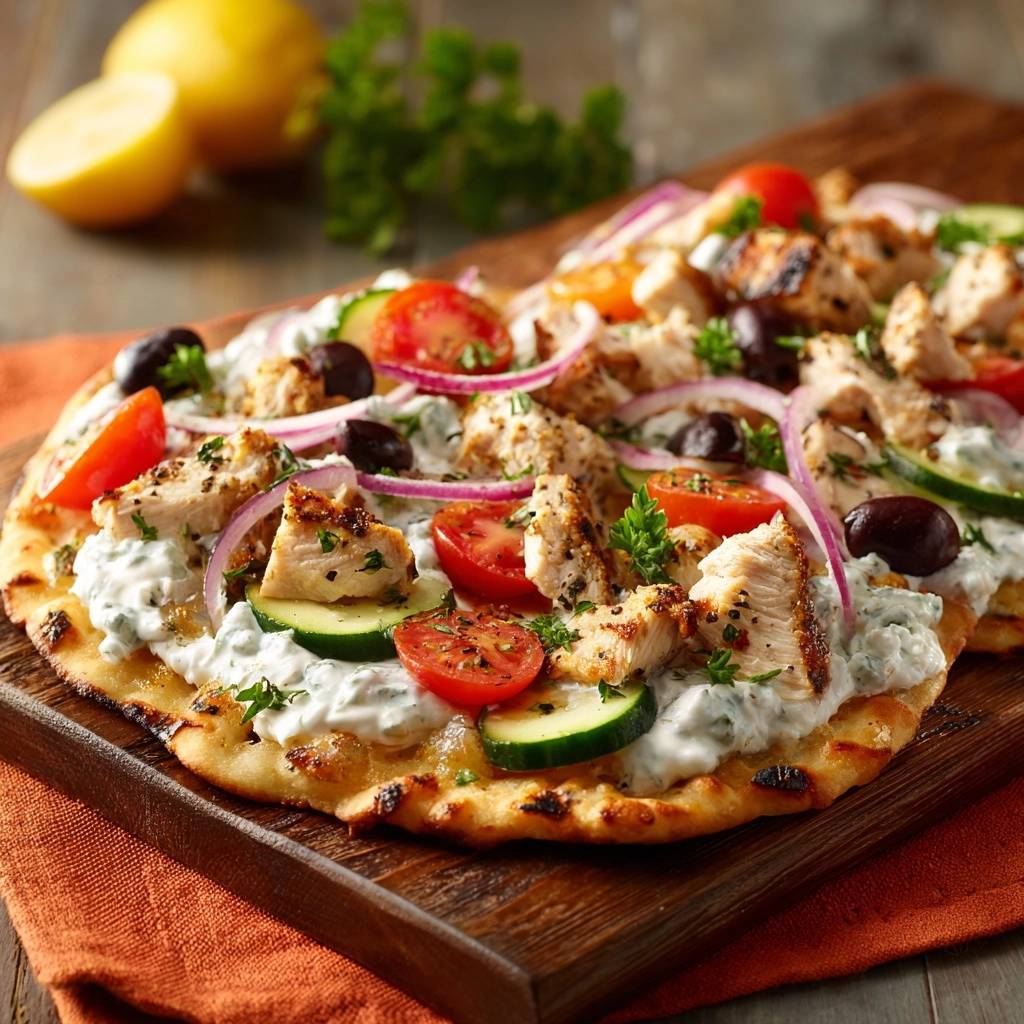 Greek chicken flatbread with a close-up view of the fresh toppings and creamy sauce.