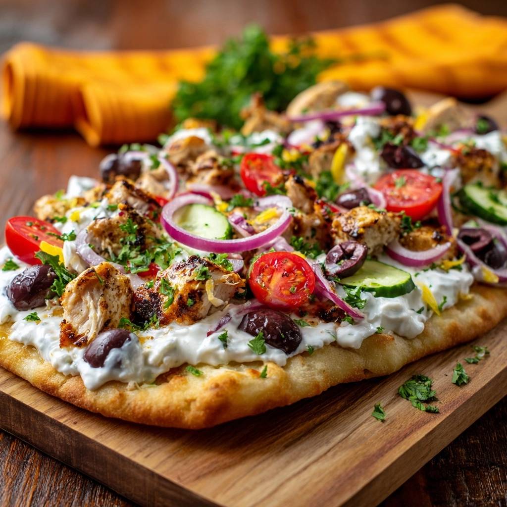 Greek chicken flatbread with a close-up view of its fresh toppings and creamy base.